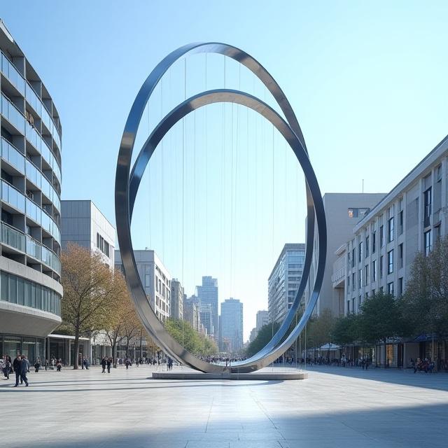Una grande installazione circolare sospesa in una piazza cittadina.