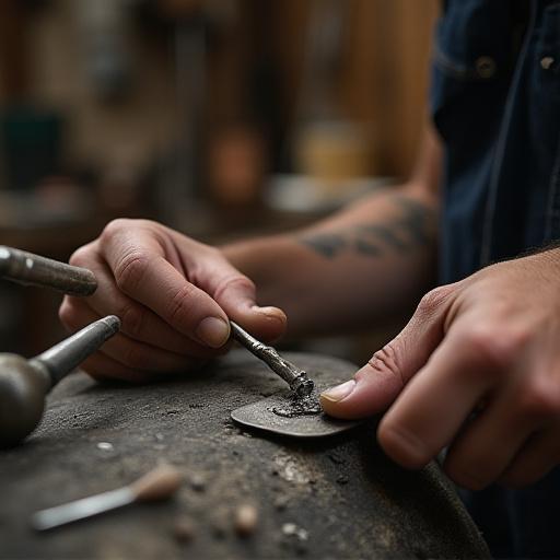 Mani di un artigiano che lavorano un pezzo di metallo per una scultura.